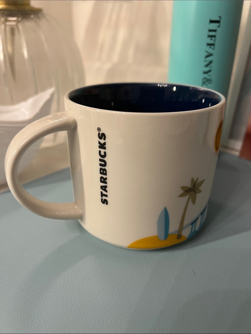 Starbucks White Mug with Navy Interior and Yellow & Teal Beach San Diego